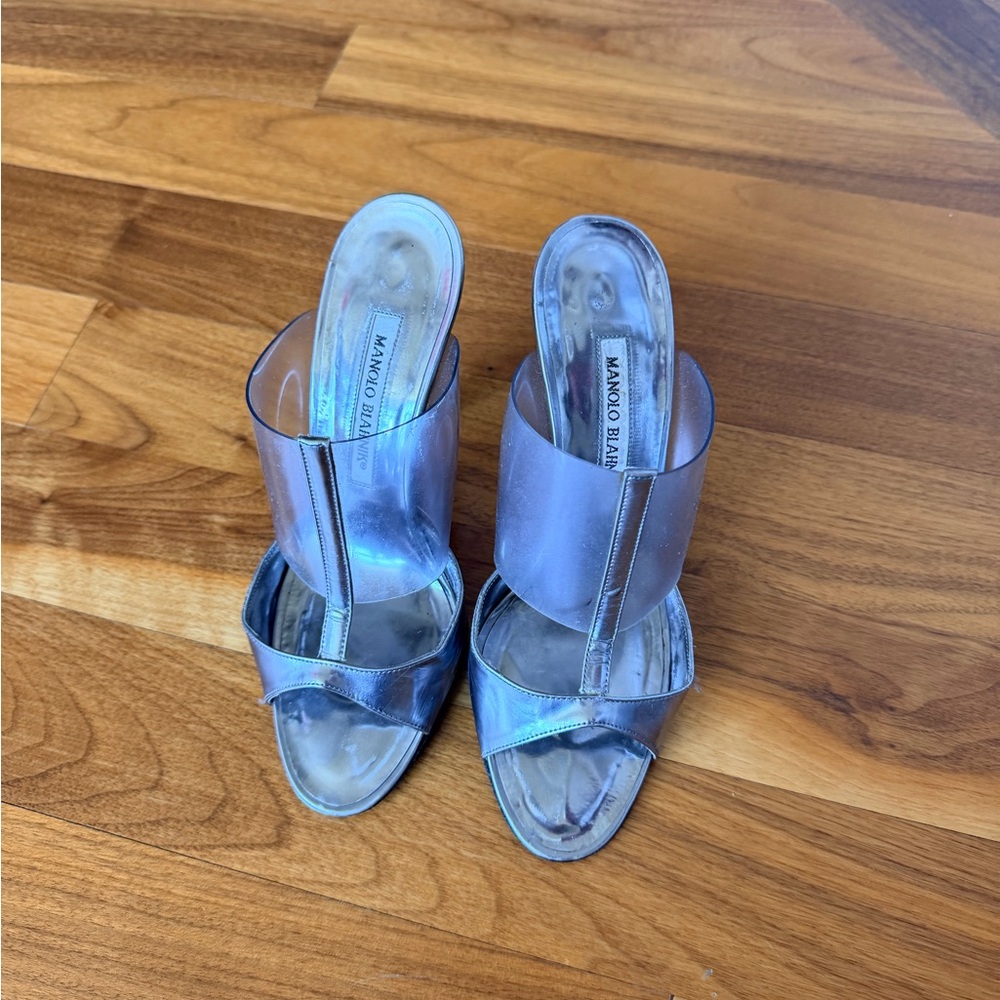 Manolo Blahnik Iridescent Slide Sandals - silver